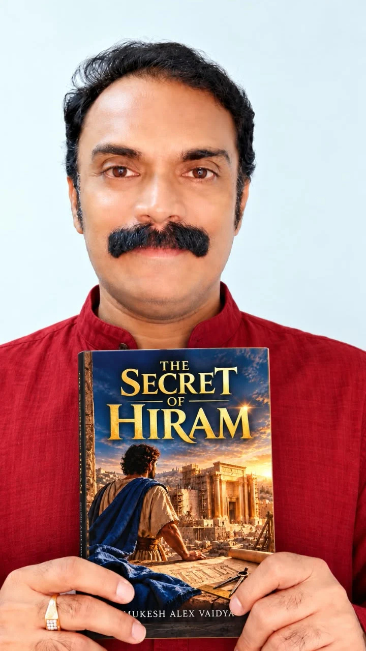 Mukesh Alex Vaidya holding his novel The Secret of Hiram